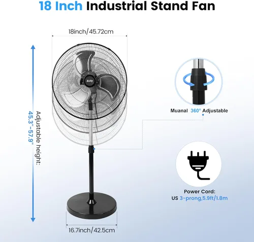 Miniatura 2 de Xcity Ventilador de pie de 18 pulgadas, ventilador de pedestal oscilante industrial de alta velocidad máximo de 3100 CFM con inclinación de 90°