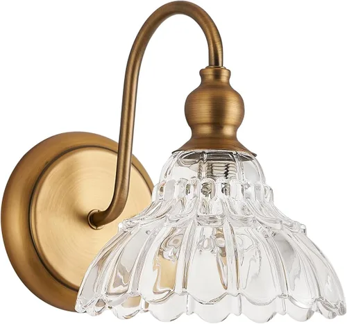 Aplique de pared de latón vintage bronce, luz de pared de baño hecha de cuerpo de cobre electrochapado y vidrio estampado prensado, luces de tocador