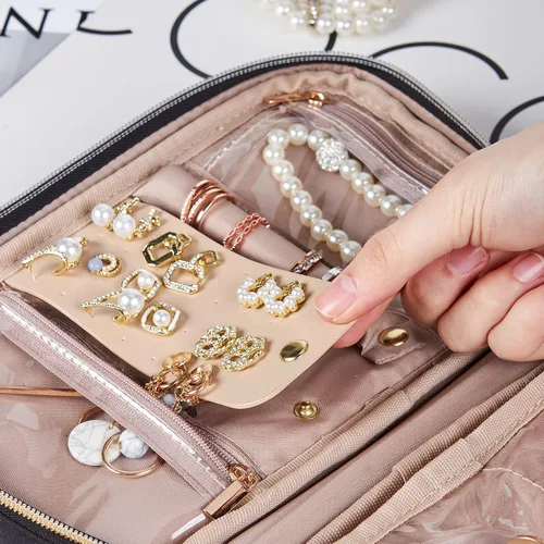 Miniatura 6 de NISHEL Joyero de viaje, organizador de viaje para collares, aretes, anillos, pulseras, relojes, color negro