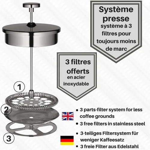Miniatura 4 de VeoHome - Cafetera de pistón de 1 litro - Irrompible y mantiene el café caliente durante mucho tiempo gracias a su doble carcasa de acero inoxidable