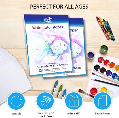 Miniatura 2 de 1 paquete – Total de 36 hojas de papel de acuarela (11.7 x 8.3 pulgadas) – Stock pesado (98 libras), hojas blancas sueltas. Perfecto para niños