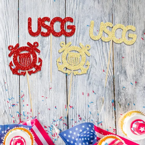Miniatura 4 de 24 piezas de decoración de cupcakes de la Guardia Costera de la USCG con purpurina militar encuadernado con emblema para magdalenas, insignias