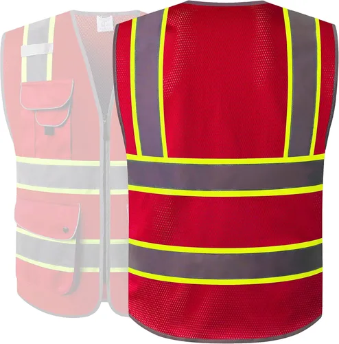 Miniatura 5 de JKSafety - Chaleco de seguridad con cierre de cremallera al frente y 9 bolsillos, con malla y tiras con bordes amarillo fluorescente, cumple