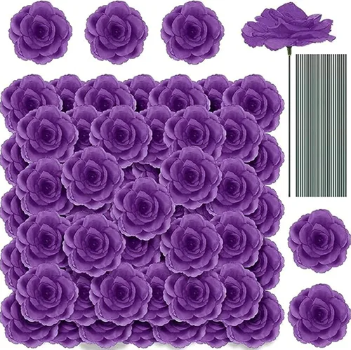 200 flores artificiales de seda falsa de 3 pulgadas con tallo de esmeralda, rosa sintética y tallo de 6 pulgadas para boda, ramo de novia, Morado