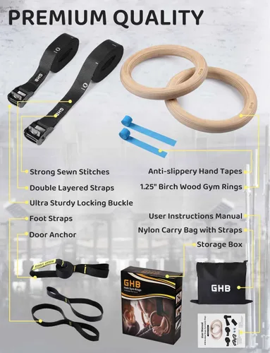 Miniatura 3 de GHB Anillos de gimnasia de madera, anillos olímpicos de 1.25 pulgadas, correas ajustables, juegos de anillos para entrenamiento, peso corporal