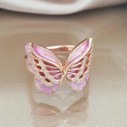 Miniatura 3 de Anillo de mariposa rosa con incrustaciones de circonita para mujer, anillo elegante de joyería vintage