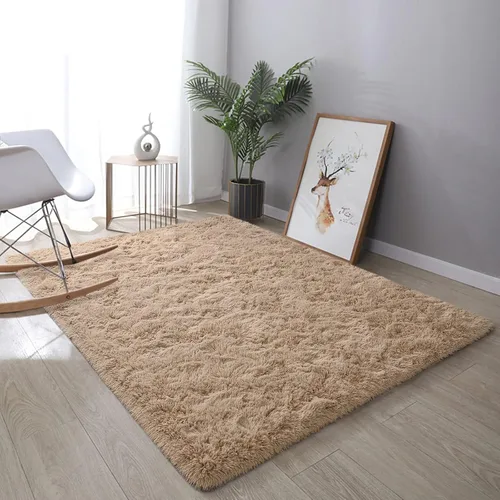 Miniatura 8 de DweIke Alfombras esponjosas de color beige para dormitorio, sala de estar, 8x10 pies, alfombra grande de felpa suave shaggy color tostado claro