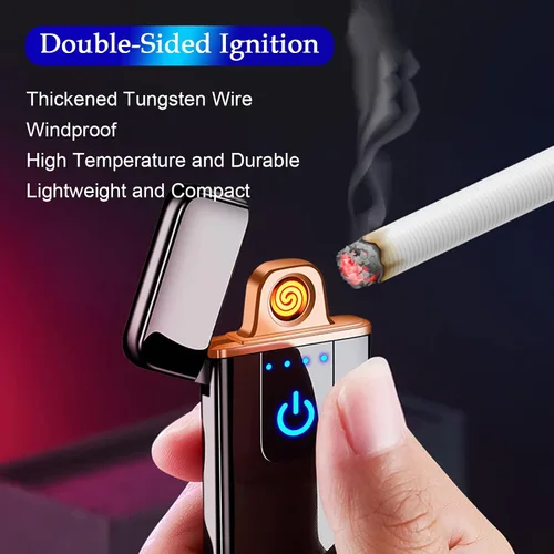 Miniatura 2 de Encendedor electrónico, resistente al viento, recargable por USB, de bobina delgada, con sensor de huellas dactilares inteligente, encendido de Negro