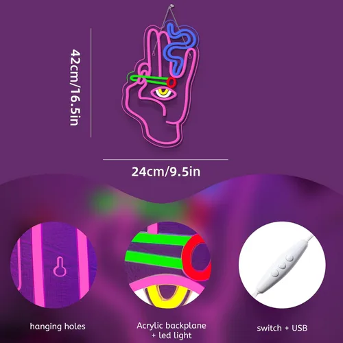 Miniatura 3 de WLHOPE Letrero de neón con mano de mal de ojo para decoración de pared, luces LED rosa y azul, letreros de luz Hamsa, conectividad USB, letreros
