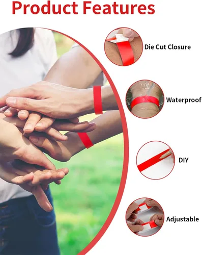 Miniatura 3 de 500 piezas de pulseras, pulseras de papel para eventos, pulseras adhesivas de colores, pulseras desechables, pulseras VIP para fiestas (rojo)