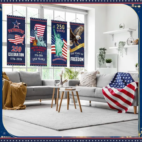 Miniatura 5 de Panelee 4 pancartas decorativas para el 250 aniversario de la bandera patriótica de Estados Unidos, para porche, telón de fondo colgante para el Día