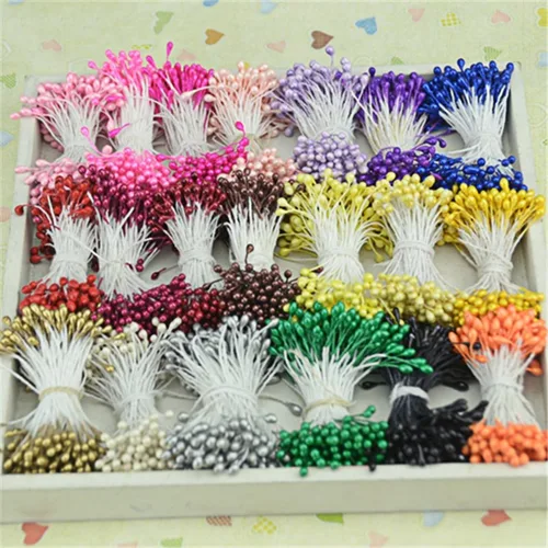 Miniatura 6 de QueenBox® 900 piezas de estambres de flores de doble cabeza de 0.118 pulgadas, Pistilo floral de perlas artificiales para bricolaje, ramo de flores