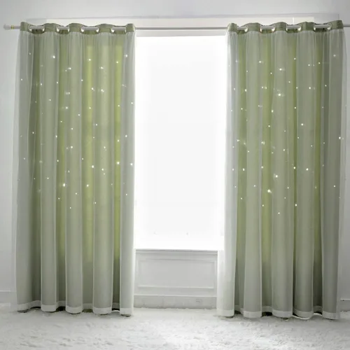 Cortinas opacas de color verde claro para dormitorio de niñas, decoración de sala de estar, cortinas de doble capa con corte de estrellas, cortinas