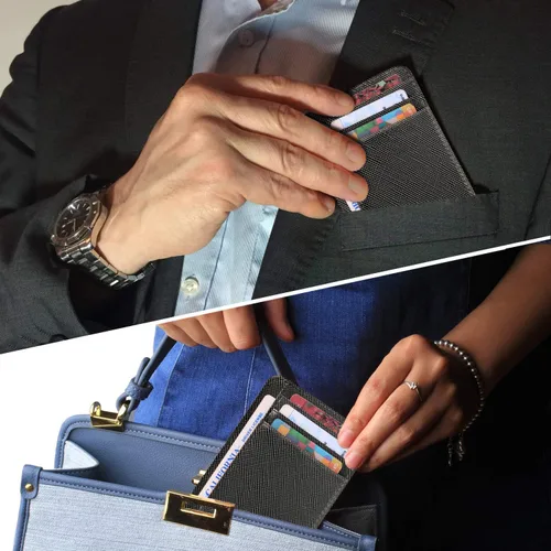 Miniatura 3 de Cartera delgada minimalista de cuero para tarjetas de crédito RFID bloqueo con ventana de identificación
