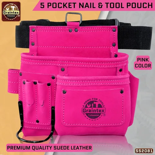 Miniatura 2 de Graintex Cinturón/Bolsa de herramientas de piel de ante de 5 bolsillos Rosa Cinturón de herramientas de cuero multiusos para mujeres y hombres