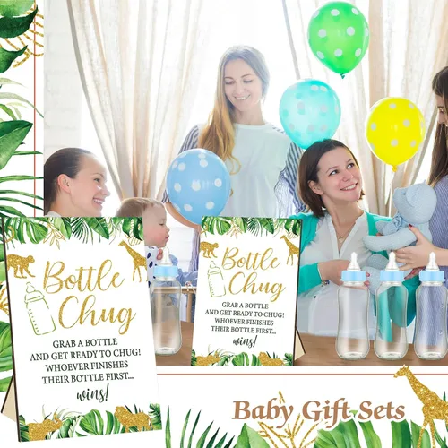 Miniatura 7 de TrelaCo Safari Cool Baby Shower Games Bottle Chug Sign Wooden Jungle Animals Set de regalo para revelación de género suministros de fiesta y 12