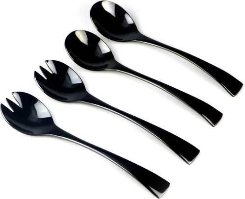 Juego de 4 tenedores y cucharas de ensalada de acero inoxidable 18/10 para pulir color negro Juego de ensalada