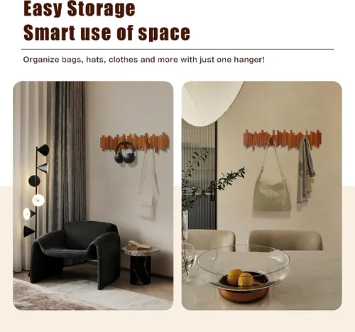 Miniatura 2 de Perchero de madera para colgar en la pared, varios estantes sólidos hechos a mano de madera de cerezo natural con 7 ganchos modernos abatibles