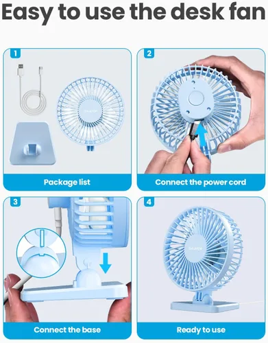 Miniatura 8 de Gaiatop Ventilador de escritorio USB, pequeño pero potente, portátil, silencioso, 3 velocidades, mini ventilador de escritorio ajustable para Azul
