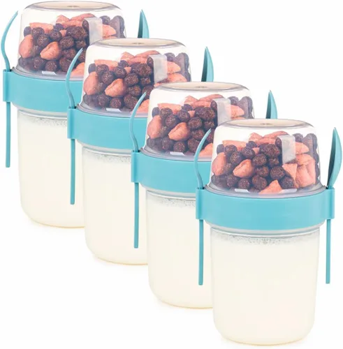 Miniatura 9 de Paquete de 4 Tazas de Desayuno Para Llevar de 22 oz con Tapas y Cuchara, Taza de Cereal y Yogur Reutilizable con Topping, Recipiente de Plástico