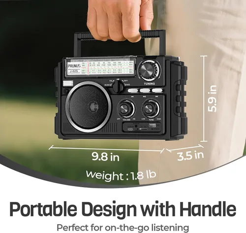 Miniatura 5 de PRUNUS J-02 Radio portátil AM FM SW Bluetooth, doble antena, batería solar/D/USB recargable, compatible con tarjeta TF/reproducción USB, radio