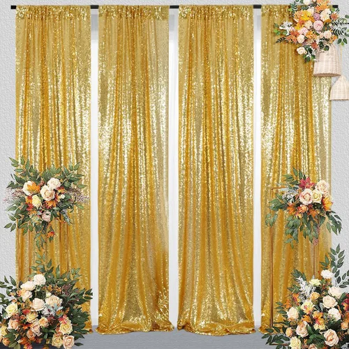 Miniatura 44 de Juya Delight 2 cortinas de lentejuelas doradas de 2 x 8 pies, telón de fondo de fotos con purpurina para fiestas, cumpleaños, bodas, decoración