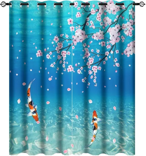 Hermosas cortinas de pescado japonés modernas, náuticas bajo el agua, floral, flor de durazno, aislamiento térmico, oscurecimiento de habitación