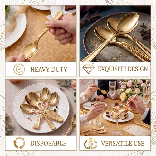 Miniatura 9 de WDF Paquete de 100 cucharas de plástico doradas desechables, cucharas doradas duraderas y resistentes de 6.9 pulgadas, resistentes al calor