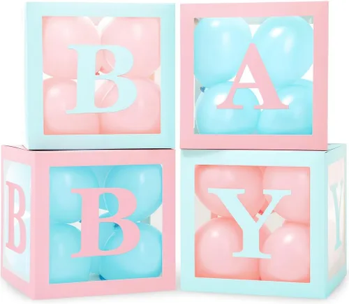 Cajas de baby shower con letras - Cajas rosas y azules con globos rosas y azules - Juego de 44 piezas para revelación de género y decoración de