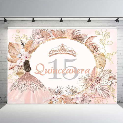 Miniatura 12 de MEHOFOND Telón de fondo bohemio floral de quinceañera de cumpleaños 15 para niñas, rosa verde, hierba de las pampas, Mis membrillo Anos, decoración