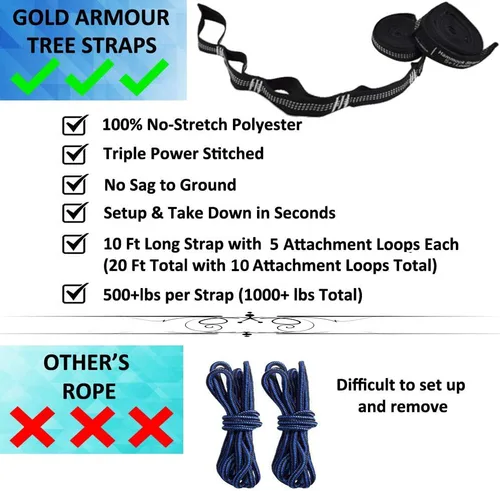 Miniatura 2 de Gold Armour hamaca de campamento, de tela de paracaídas, de marca estadounidense, tamaño único, 2 correas para árbol, 10 trabillas/20 pies Gris/Azul