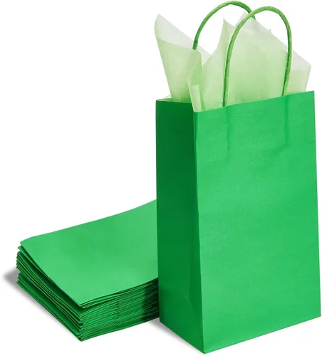 Miniatura 5 de DjinnGlory Paquete de 24 pequeñas bolsas de regalo de papel verde con asas y papel de seda para recuerdos de fiesta, golosinas, pequeñas empresas