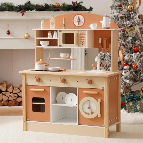 Miniatura 11 de ROBOTIME Juego de cocina de madera, juego de cocina de juego de simulación para niños con diseño realista, juego de cocina para niños y niños Rosa