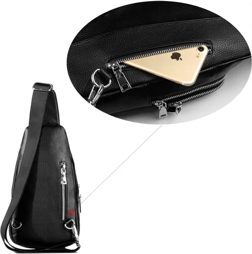 Miniatura 6 de DK86 Mochila bandolera de cuero para el pecho bolso cruzado para el hombro mochila de viaje para hombres y mujeres Negro 1 Mochilas Daypack