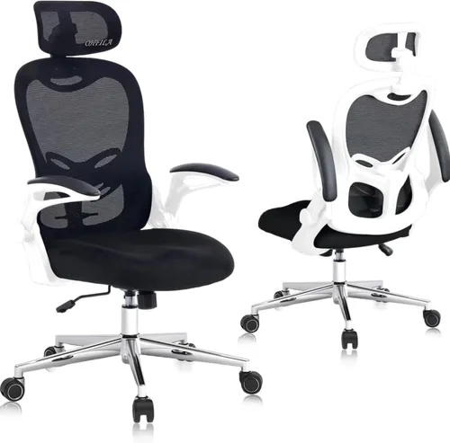Miniatura 10 de Silla de oficina, malla ergonómica transpirable, brazos abatibles y respaldo alto ajustable, cómoda silla de computadora para oficina en casa Negro