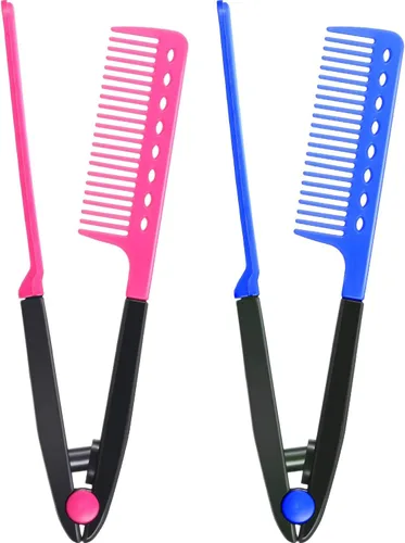Peine alisador plano de 2 piezas de cepillo de pelo de salón Peine de peluquería enderezadora en forma de V recta (rojo rosa, azul)