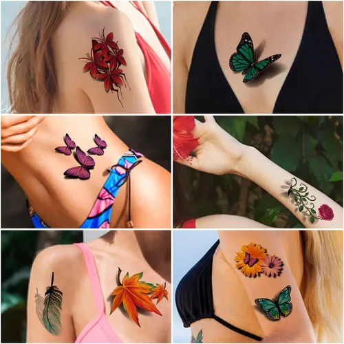 Miniatura 6 de Cerlaza 78 estilos de tatuajes temporales para mujeres adultas, calcomanías de tatuaje de mariposa realistas, tatuajes temporales para mujer