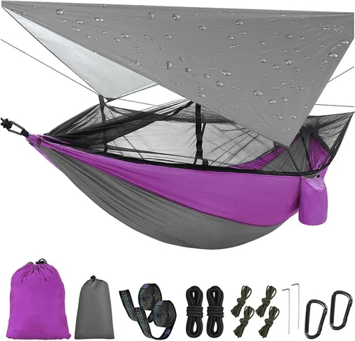 Miniatura 10 de MIFXIN - Hamaca de nailon con mosquitero, toldo de tienda de campaña, correas para árbol, portátil y bolsa de almacenamiento para acampar
