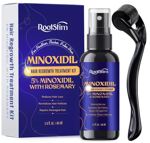 Kit de Minoxidil 5% para Hombres y Mujeres con Rodillo Dérmico de 0.25 mm – Kit de Crecimiento de Barba y Spray para el Crecimiento del Cabello – Se