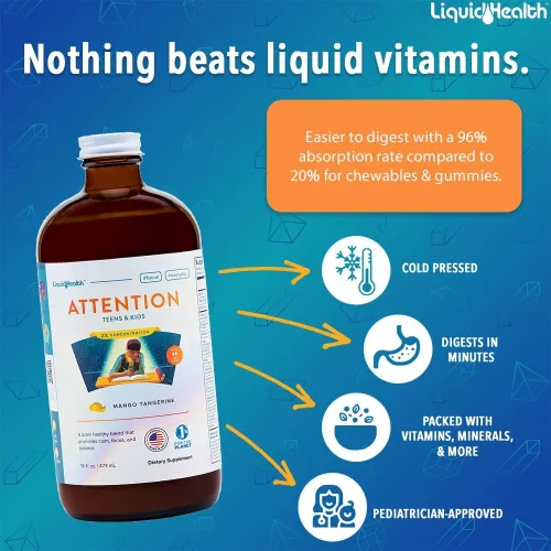 Miniatura 2 de LIQUIDHEALTH Attention, Multivitamínico líquido para niños y adolescentes – Mejora la retención de memoria, concentración, enfoque, estado de ánimo