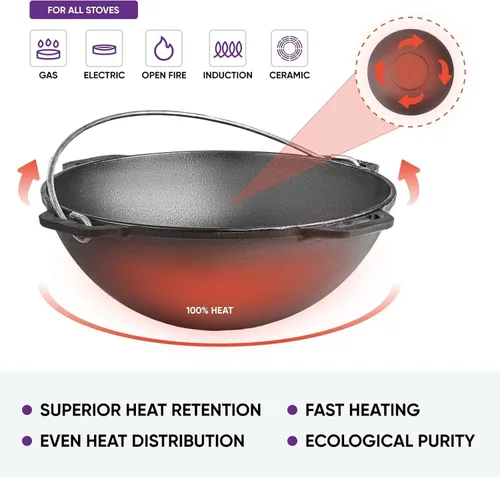 Miniatura 5 de Olla de horno holandés con tapa, caldero asiático de hierro fundido (Kazán) con tapa de hierro fundido para camping, wok kazan, olla de cocina