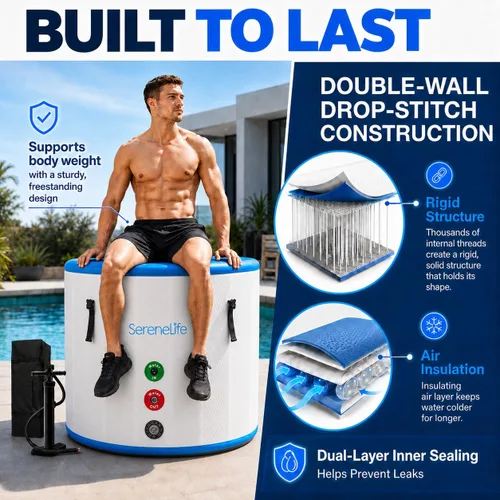 Miniatura 4 de SereneLife Bañera de hielo inflable para una persona, 85 galones con tapa, PVC de punto de caída, sellos de doble capa, inmersión fría resistente
