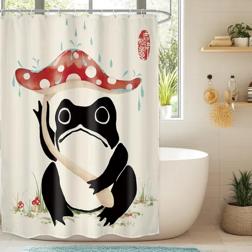 Miniatura 8 de Juego Divertido de Cortina de Rana Retro para Ducha, Juego de Baño 48x71 Pulgadas, Estilo Asiático Lindo, Arte Japonés Tradicional de Pato de Goma