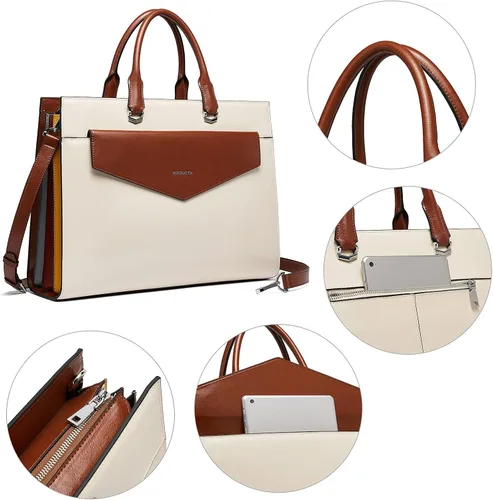 Miniatura 6 de BOSTANTEN Maletín para mujer con bolso para laptop de 15.6 pulgadas, bolso de mano de cuero genuino para el trabajo, color beige