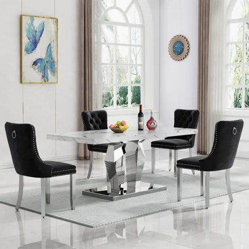 Miniatura 51 de Moderno juego de mesa de comedor de mármol sintético de 68.11 pulgadas para 6, mesa de comedor de mármol blanco y plateado con 6 sillas de Blanco