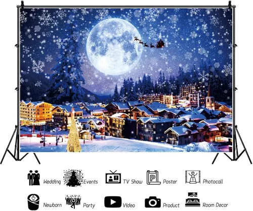 Miniatura 5 de Telón de fondo de 2,1 x 1,5 m para pueblo navideño, nieve invernal, cielo nocturno, montaña, Santa, fondo para fotografía, decoración para fiesta