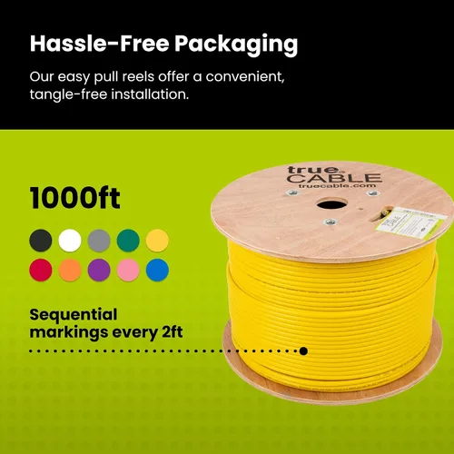 Miniatura 5 de TRUE CABLE Cable Ethernet a granel para elevador blindado Cat6A, 1000 pies, amarillo, 23 AWG cobre sólido desnudo, 750 MHz, F/UTP, PoE++ 100 W