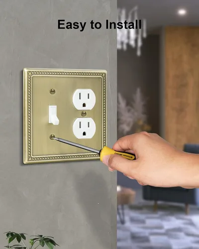Miniatura 5 de Paquete de 2 Placas de Cubierta Combinadas para Interruptor de Palanca/Dúplex, Placa de Cubierta de Enchufe de Pared de Metal de Latón Antiguo