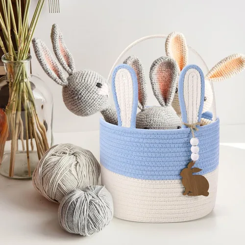 Miniatura 5 de SiliFine Cesta de Pascua para niños, cesta de conejo de Pascua con etiqueta de nombre, oreja de conejo desmontable, regalo tejido rústico para niñas
