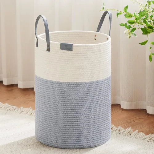 Miniatura 24 de VIPOSCO Cesta alta para ropa sucia, cesta grande para ropa sucia con mango de cuero, cesta de almacenamiento de cuerda tejida para manta, juguete